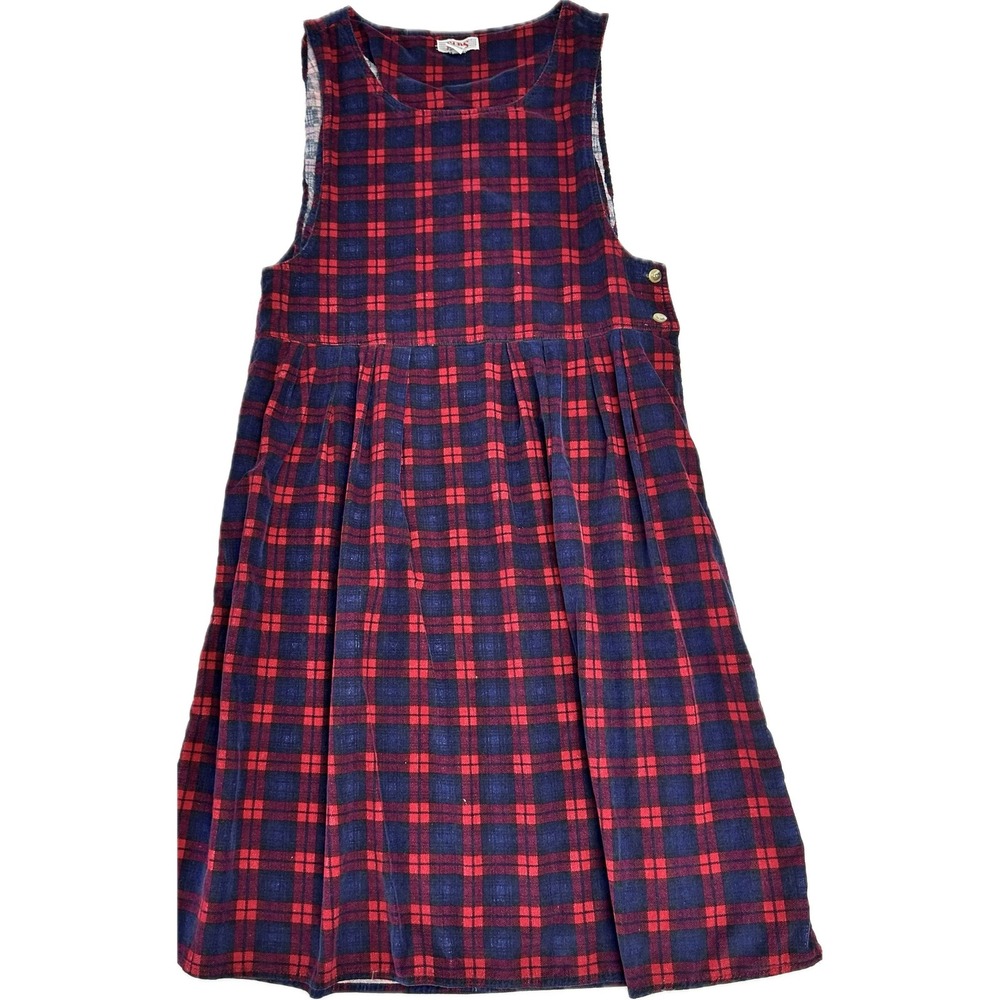 Vintage 80s 90s Fads Corduroy Jumper Overall Dress Plaid Red Blue Women's Size L